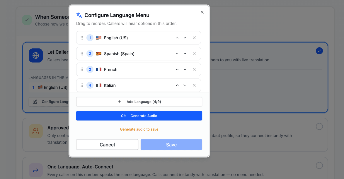 Language configuration panel